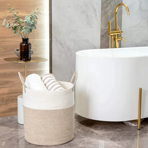 Vista 6 de MINTWOOD Design Cesta decorativa grande de cuerda de algodón tejida de 18 x 16 pulgadas, canasta alta para ropa sucia, canasta para sala de estar