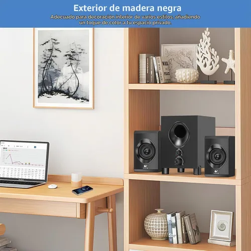 Vista 4 de Altavoces Bluetooth para computadora OROW, altavoz de PC con subwoofer, altavoces inalámbricos de 18W con perilla frontal, compatibles con AUX