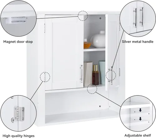 Vista 7 de ZenStyle Armario de pared de baño sobre el inodoro, botiquín blanco con 2 puertas y estantes interiores ajustables, para baño, sala de estar