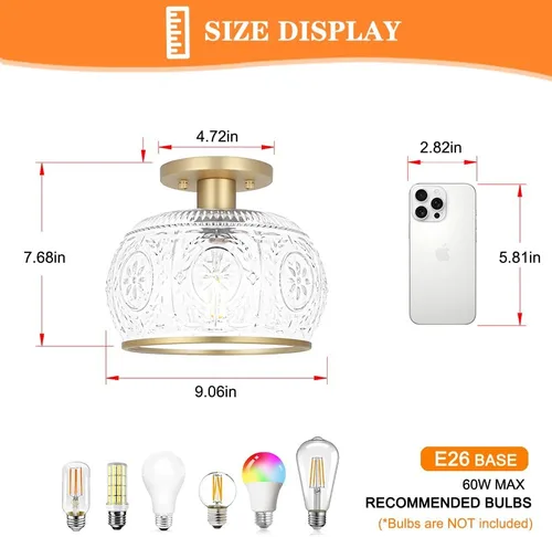 Vista 3 de Lámpara de techo semiempotrada dorada con cristal globo – Iluminación de techo vintage para pasillo, cocina, entrada, baño y armario