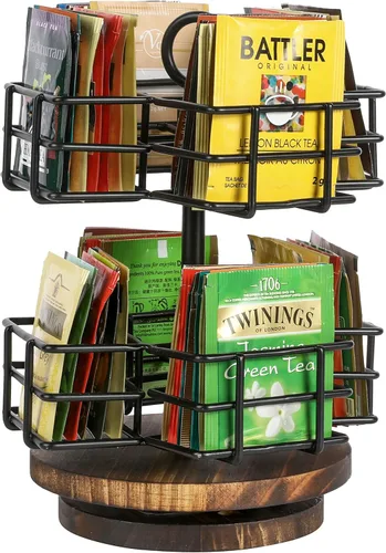 MyGift Carrusel organizador de bolsas de té de 8 compartimentos, soporte de paquete de alambre de metal negro y base de madera maciza quemada