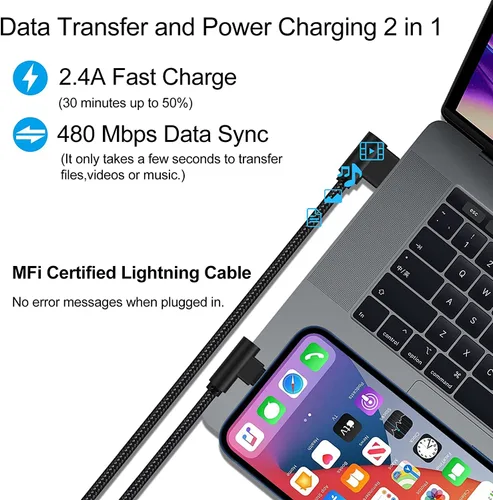 Vista 3 de Cargador para iPhone de 1 pie y 90 grados, 2 unidades, con certificación MFi, cable Lightning corto en ángulo recto, cable de carga rápida para Negro
