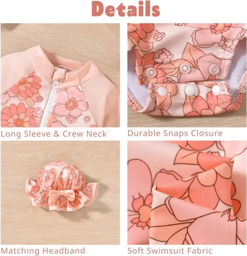 Vista 2 de Aalizzwell - Traje de baño de una pieza de manga larga para bebé niña con sombrero