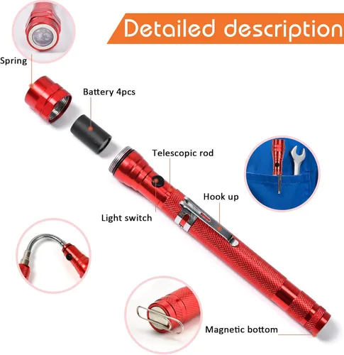 Vista 3 de Herramienta de recolección de linterna magnética, regalos para papá, accesorios telescópicos con LED regalos para hombres, esposo, él, rojo