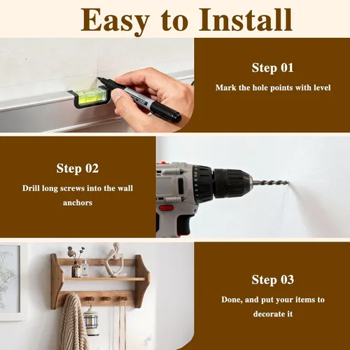 Vista 9 de Ganchos de pared de madera maciza 100% con estante, perchero rústico con estante montado en la pared, estantes de decoración de granja con 4 ganchos