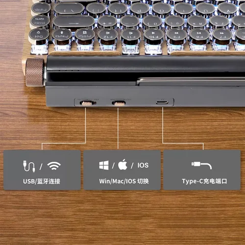 Vista 6 de Teclado mecánico de 83 teclas - Teclado inalámbrico con Bluetooth para juegos retro, interruptor azul anti-fantasma (madera)
