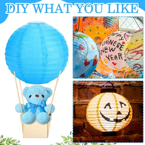 Vista 4 de Baquler Juego de 12 centros de mesa con globos aerostáticos para baby shower, bricolaje, linternas de papel, de peluche, cestas de madera para Azul