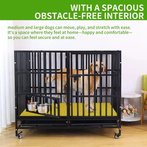 Vista 5 de Jaula para perros grandes de 50 pulgadas resistente – Perrera de acero indestructible a prueba de escape con cuencos giratorios de 360°, 2 puertas