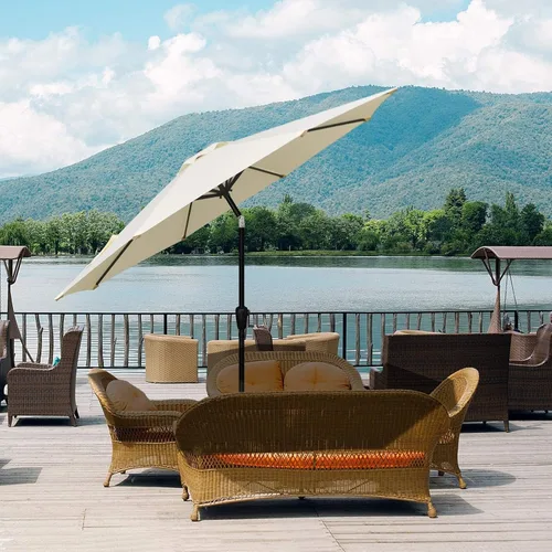 Vista 6 de Simple Deluxe Sombrilla de patio al aire libre, protección UV, con botón de inclinación/manivela y 8 varillas resistentes, para mesa, jardín