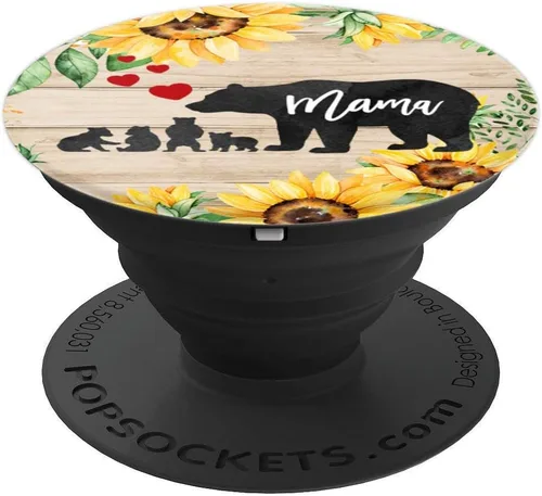 Vista 4 de Mama Bear 4 Baby Cubs and Hearts Cottage Chic girasoles - PopSockets agarre y soporte para teléfonos y tabletas, Negro