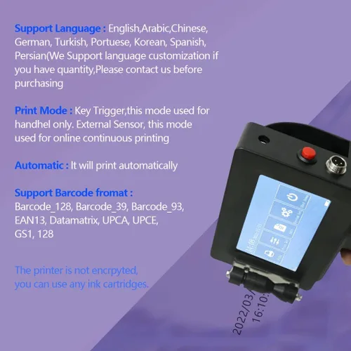 Vista 5 de PEKOKO Impresora de inyección de tinta con pantalla táctil HD de 4.3 pulgadas, impresora de inyección de tinta de mano con cartucho de tinta