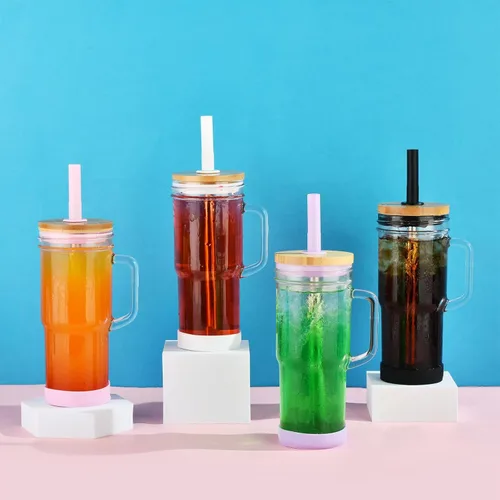 Vista 8 de ALINK Vasos de vidrio con tapas y pajitas, vaso de 24 onzas con asa, funda de silicona, puntas, cepillo, tazas de café helado reutilizables