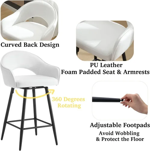 Vista 22 de DUOMAY Juego de 2 taburetes de bar giratorios, modernos taburetes de altura de mostrador de 26 pulgadas, silla de isla de cocina tapizada de Blanco