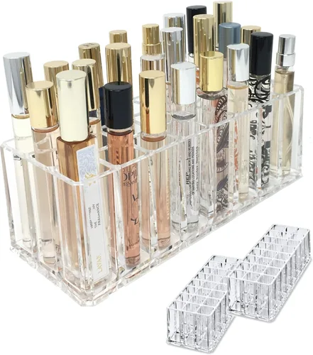 Vista 5 de BY ALEGORY Organizador de perfume acrílico con rodillo Rollerball, soporte de fragancia de belleza, 24 espacios de organización, contenedor