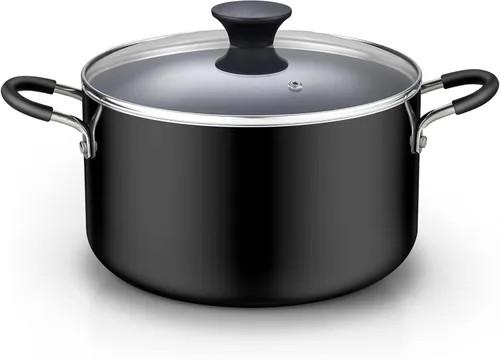 Cook N Home Olla antiadherente con tapa de 6 cuartos de galón, olla de cocción profunda profesional utensilios de cocina cacerola con tapa de Negro