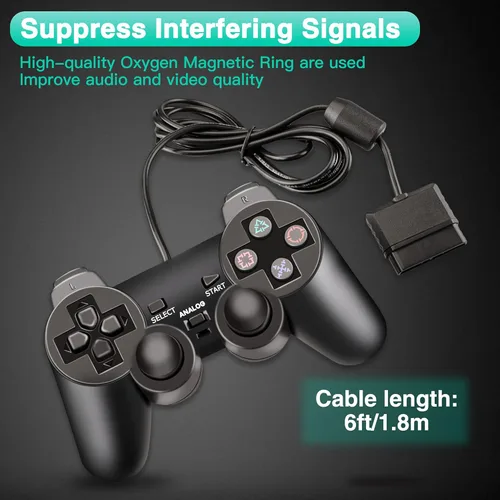 Vista 3 de Controlador con cable para consola PS2 controlador de juego de doble vibración Gamepad remoto para Playstation 2 PS2 con cable largo negro