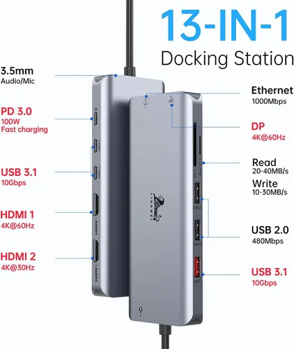 Vista 2 de LIONWEI Docking Station Dual Monitor 4K, 13-in-1 USB C Dock for Laptop Mac 13 en 1 (2 HDMI+DisplayPort)