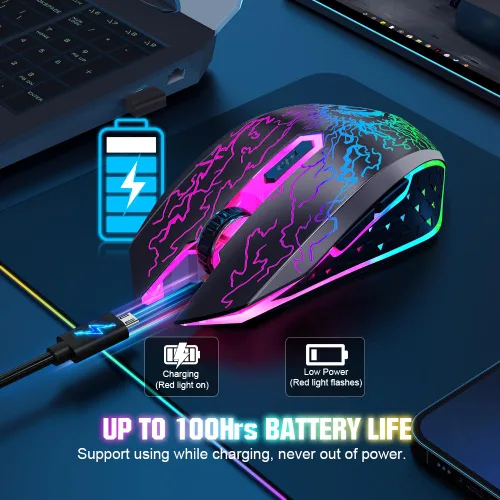 Vista 6 de VersionTECH. Ratón inalámbrico para juegos, recargable, con luces LED coloridas, clic silencioso, receptor USB nano 2.4G, 3 niveles de DPI para PC