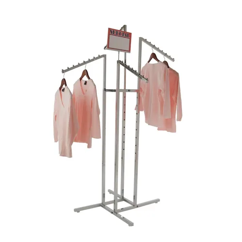 Vista 5 de Perchero para ropa resistente de cromo con 4 brazos rectos ajustables, tubos cuadrados, ideales para exhibir ropa en tiendas