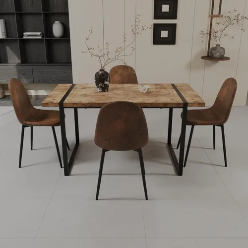 Vista 4 de 59" Light Wood Dining Table and Dining Chair Set of 4 s, Wooden Kitchen Dining Table Set, Black Rectangular Metal Base, Dining Table and Suede Chair