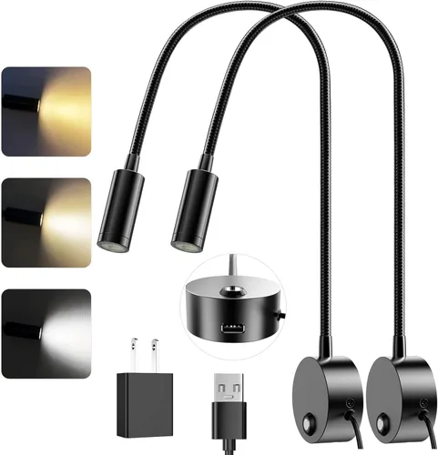 Vista 12 de ERAY Luz LED de lectura montada en la pared, luces de lectura de cabecera para cama con control táctil, 3 regulables, 360°, cuello de cisne flexible