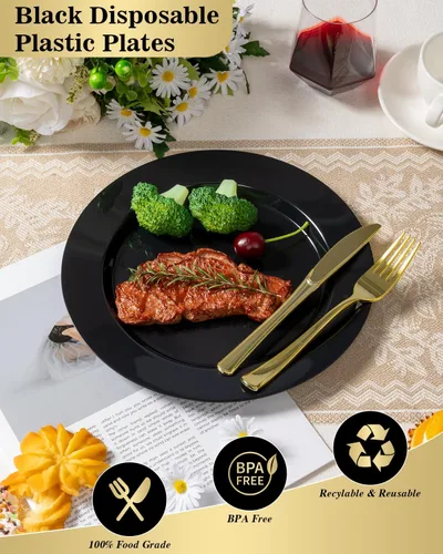 Vista 2 de BESTVIP 100 piezas de platos de plástico negro, 26 cm platos desechables para fiestas, platos de plástico desechables resistentes - Ideal