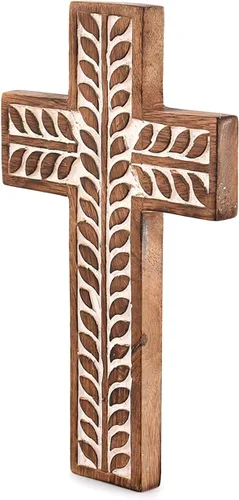 Vista 2 de NIRMAN Cruz católica religiosa de madera de mango para colgar en la pared, tallas florales, decoración del hogar para entrada, oficina, sala