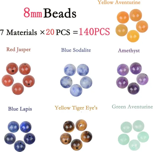 Vista 2 de Bymitel - 140 cuentas de cristal natural, piedras preciosas redondas energéticas y curativas sueltas con cordón elástico para hacer joyas, pulseras