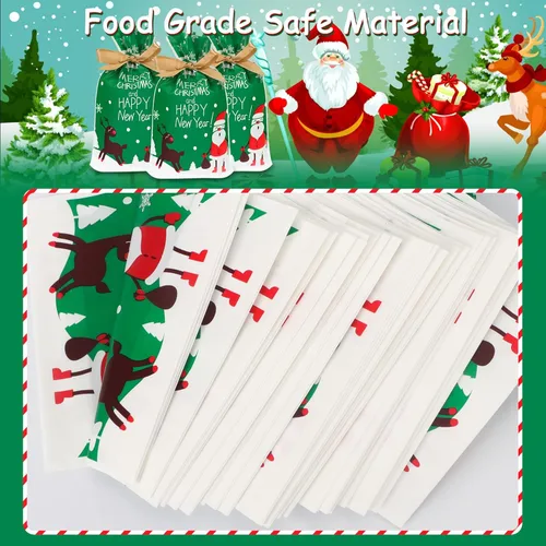 Vista 4 de BiSiViO 50 bolsas de dulces con cordón de Navidad, bolsa de plástico para dulces de Navidad, bolsas de galletas, bolsas de regalo para fiestas