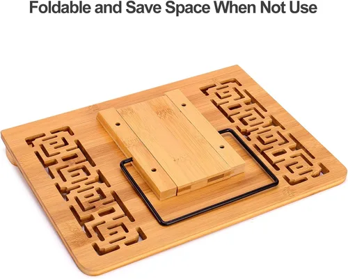 Vista 8 de MEGREZ Soporte de libro para lectura (13.2 x 9.4 pulgadas) Soporte de bambú para libros de cocina para cocina, soporte ajustable