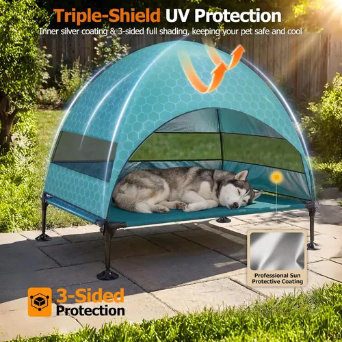 Vista 3 de Cama elevada para perros con toldo a prueba de rayos UV, tienda de campaña para perros al aire libre con potentes pies ajustables, cuna portátil