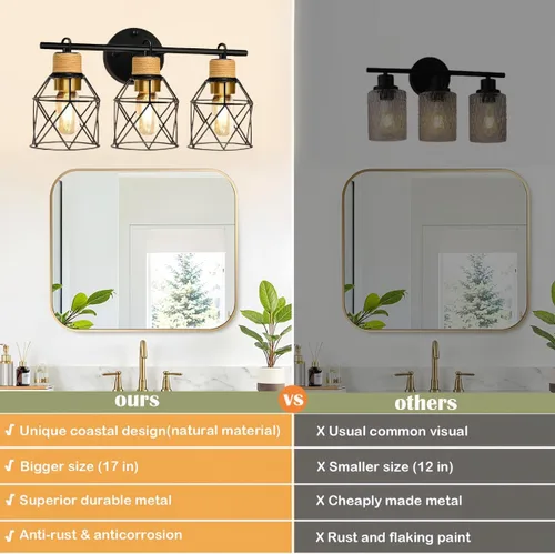 Vista 7 de Lámparas de tocador de baño de granja, lámparas de baño de 3 luces, apliques de iluminación de pared sobre espejo, luces de tocador negras con Metal