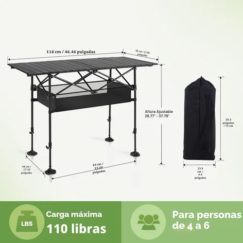 Vista 3 de LET'S CAMP Mesa de camping plegable, mesa portátil de aluminio enrollable para picnic con altura ajustable, gran bolsa de almacenamiento