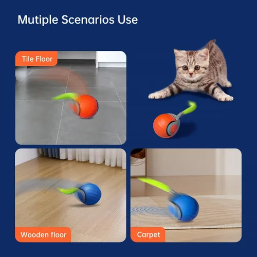 Vista 7 de Kinizuxi Juguetes interactivos para gatos de interior, bola móvil recargable para gatos con cola de plumas, juguetes automáticos de 2 velocidades