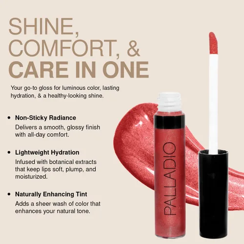 Vista 5 de Palladio Brillo de labios, brillo de labios no pegajoso, contiene vitamina E y aloe, ofrece un color intenso e hidratación, minimiza las arrugas