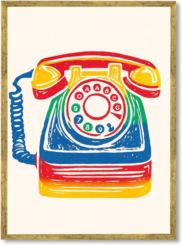 Framed Retro Colorful Telephone Poster Canvas Wall Art Prints Vintage Funky Pictures Wall Decor for Living Room Bedroom Office Apartment Decoration