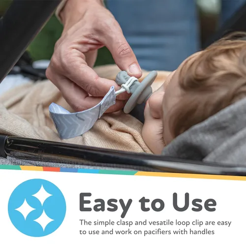 Vista 2 de Nuby Pacifinder Clip para chupete de bebé (paquete de 24) - Clip para chupete con práctico gancho - Puntos azules y dinosaurio verde