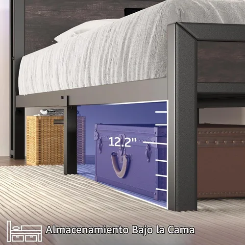 Vista 8 de E-Motie Base de cama de tamaño matrimonial con luces LED y estación de carga, cabecera de almacenamiento de madera con estantes de 2 niveles