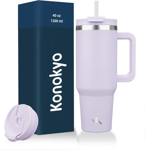Vista 40 de Konokyo Vaso de 30 onzas con asa y 2 popotes, botella de agua aislada con tapa 2 en 1, taza de café de viaje de acero inoxidable, verde militar