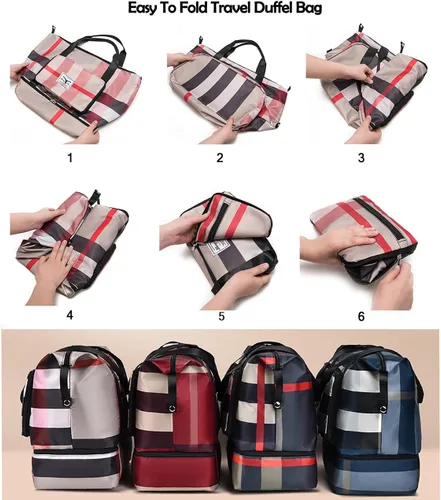 Vista 7 de Nueva bolsa de viaje plegable de separación secahúmeda con compartimento para zapatos, bolsa de fin de semana plegable de gran capacidad, Azul