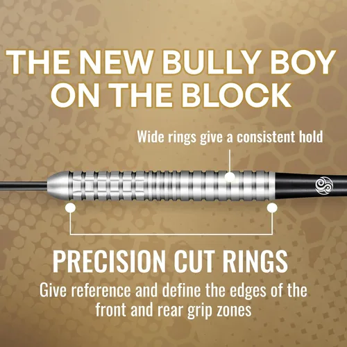 Vista 4 de Shot! Punta de acero para dardos, Michael Smith Bully Boy Precision (0.78 oz/0.81 oz/0.85 oz/0.88 oz), barril 90% tungsteno, juego de dardos