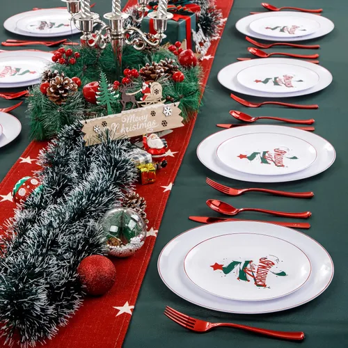 Vista 6 de NOCCUR 60 platos de Navidad - 180 cubiertos de plástico rojo