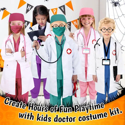 Vista 6 de 12 piezas de disfraz de médico para niños, uniforme médico con bata de laboratorio/disfraz de enfermera para niños, disfraz de día de la carrera