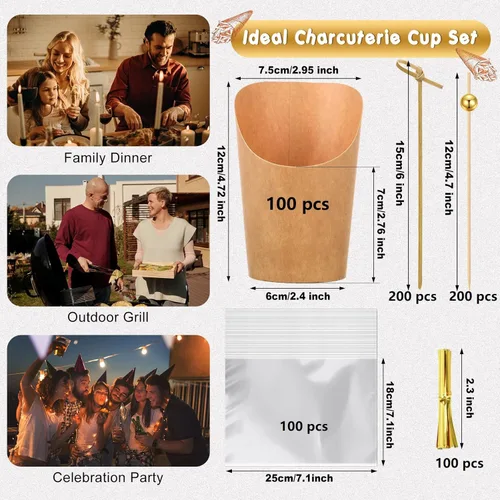 Vista 2 de Vasos de charcutería desechables para cócteles, bolsas de plástico para golosinas, juego de 12 onzas, tazas de papas fritas de papel kraft