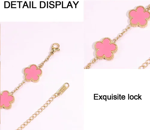 Vista 4 de Pulsera de hierba de cinco hojas chapada en oro de 18 quilates, pulseras de eslabones de trébol de cuatro hojas, pulseras de la suerte, pulsera