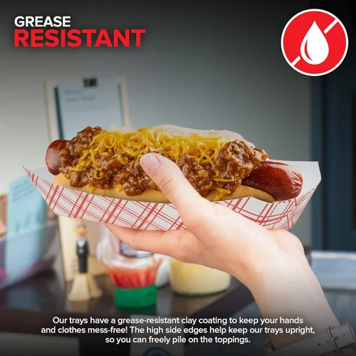 Vista 4 de Bandejas de comida a cuadros, paquete de 250 botes de cartón desechables reciclables resistentes a la grasa rojo y blanco retro Stock Your Home