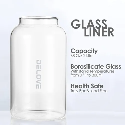 Vista 4 de Delove Jarra de vidrio de 68 oz/2 litros con carcasa inastillable, forro de vidrio resistente al calor, tapa de acero inoxidable, jarra para té Rosa