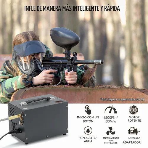 Vista 2 de Compresor de aire PCP, compresor de pistola de aire, portátil 4500Psi/30Mpa, sin agua/aceite, arranque de un botón, disco de estallido, ventilador