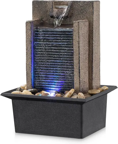 AMOOTEK - Fuente de mesa relajante con cascada de mesa y rocas naturales de río y luces LED que cambian de color - Fuente de agua Zen para