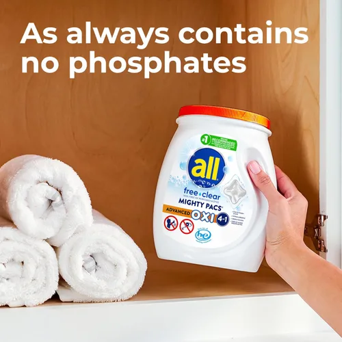 Vista 3 de all Mighty Pacs - Paquete de detergente para ropa sucia con quitamanchas y blanqueadores OXI, transparente, sin perfume y sin tintes, 56